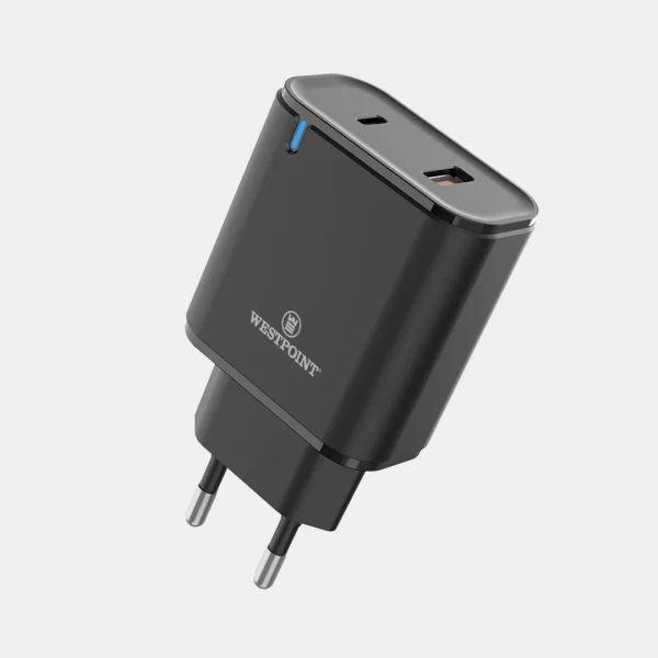 West Point QC3.0+PD20W USB-A+USB-C Wall Charger With LED Light, Black, WP-05